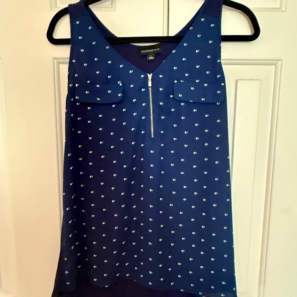 Fortune + Ivy Navy Sleeveless Zip Front Blouse Top Size Large